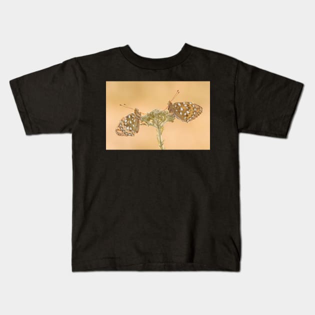 Two Dark Green Fritillaries on a Yarrow Plant Kids T-Shirt by TonyNorth